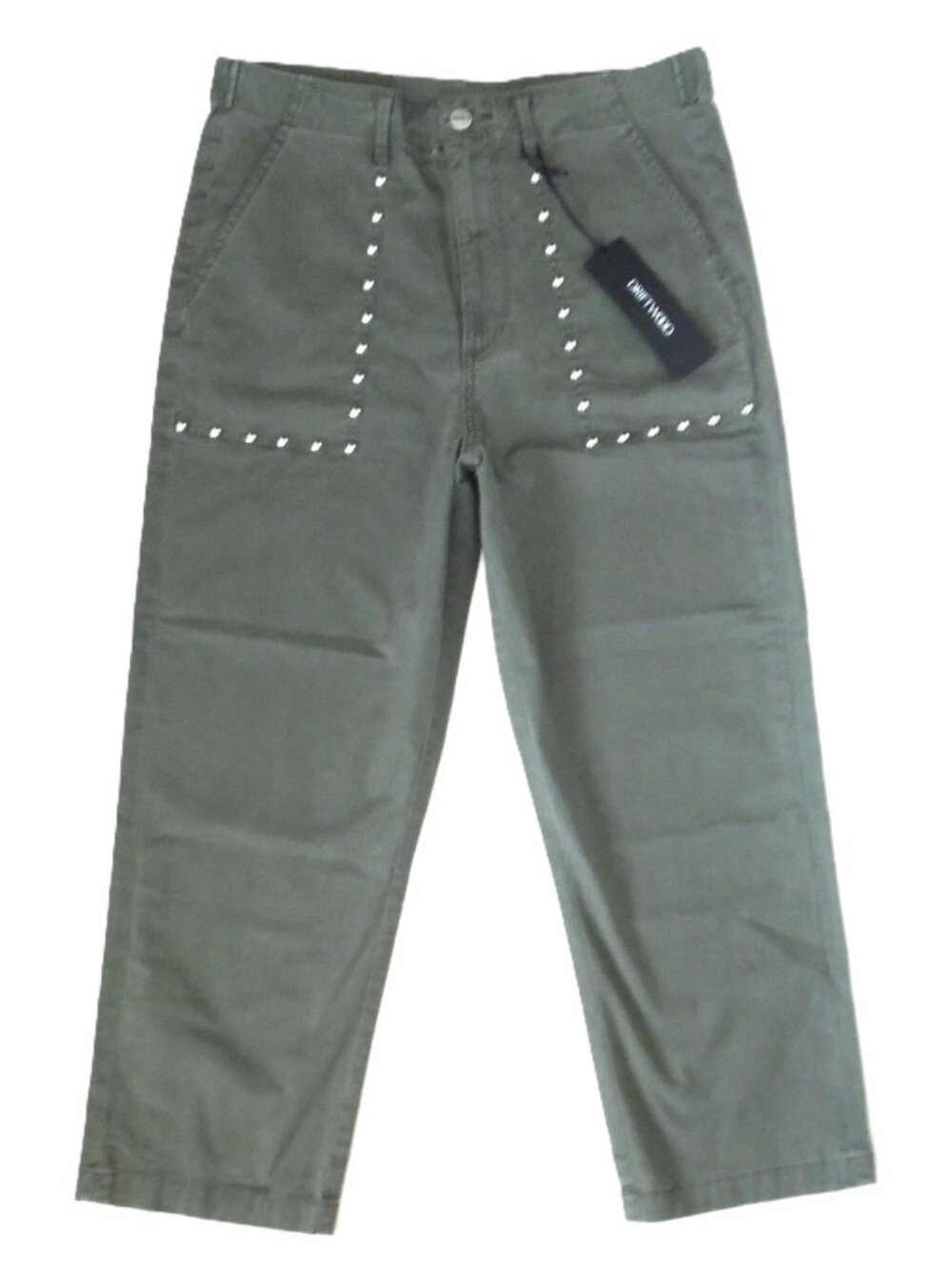 New Driftwood Boyfriend Trouser Pants Studded Crop Utility Pocket Army Green 27 - Picture 3 of 8